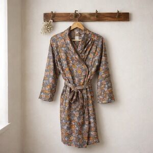 World Market Floral Fleece Robe Women O/S Blue Mustard Excellent Belted Shawl